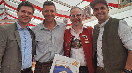 Pirmin Joas, Philipp Nawrath, Florian Greis und Michael Greis beim Bezirksmusikfest Nesselwang 2025